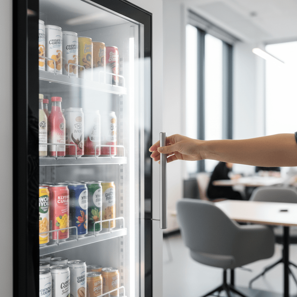 Employee accessing modern smart cooler with digital payment system