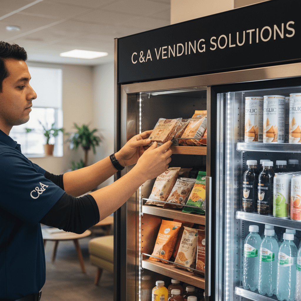 Team member restocking micro-market with premium products