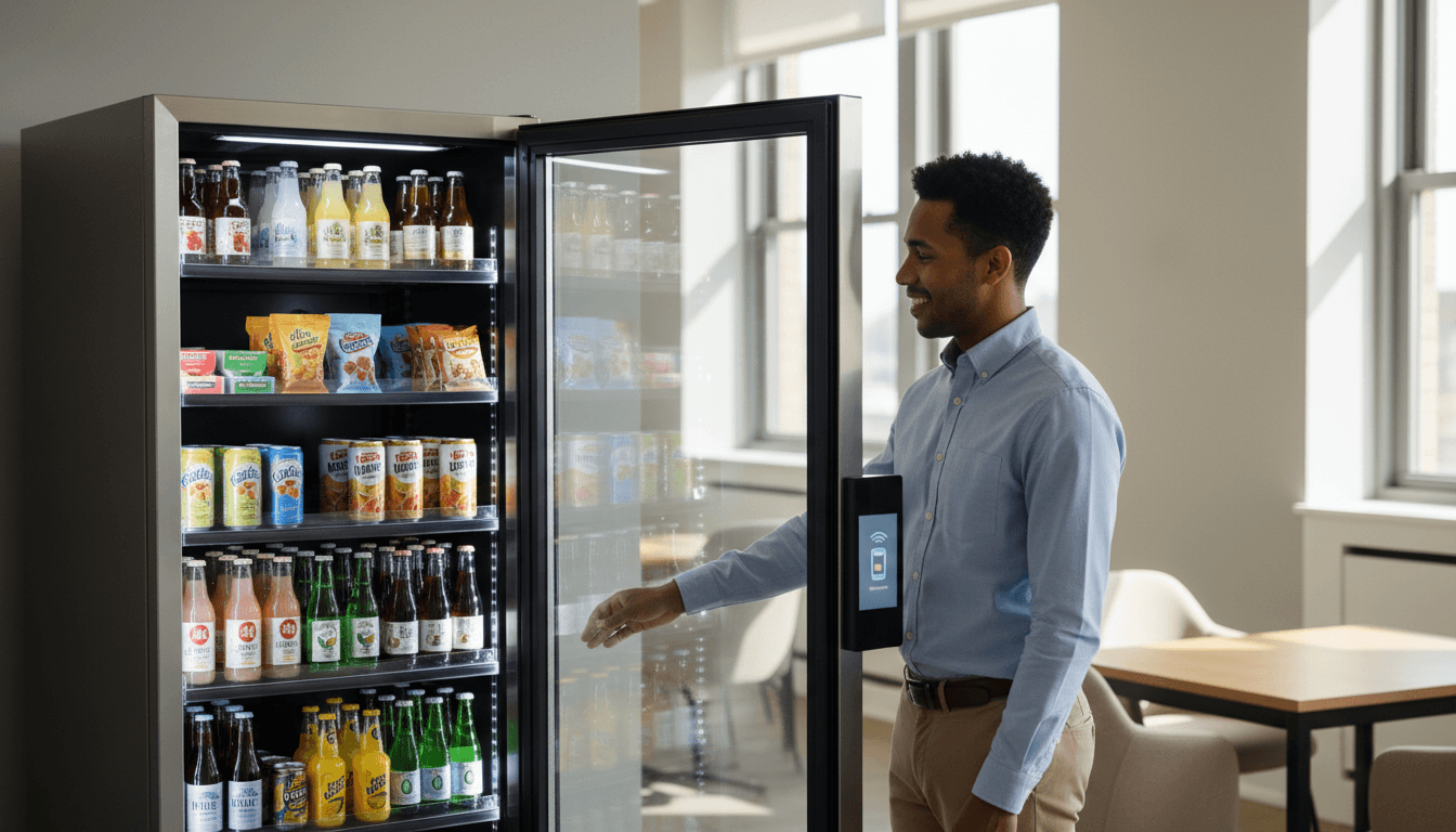 Employee accessing beverages from a modern smart cooler in a bright office break room