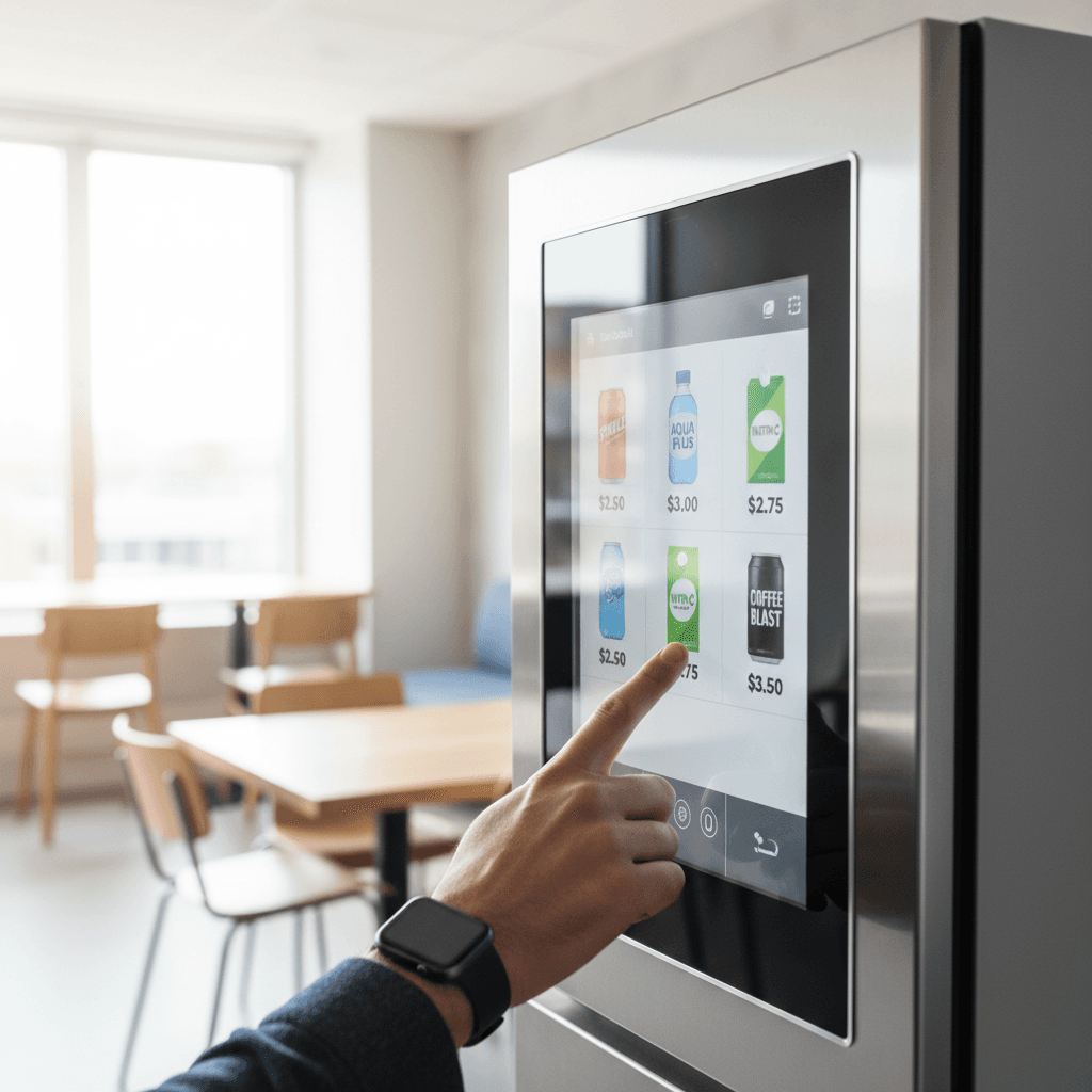 Customer using touchscreen interface on smart cooler
