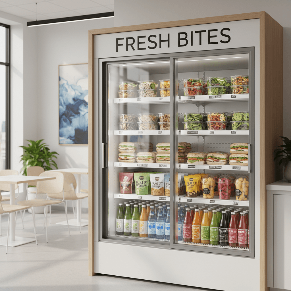 Stocked micro-market with fresh meals and healthy snacks