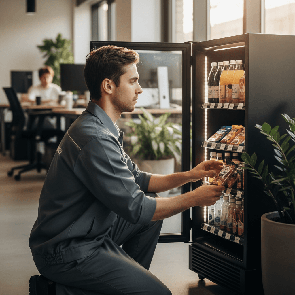 Professional technician restocking and maintaining smart cooler