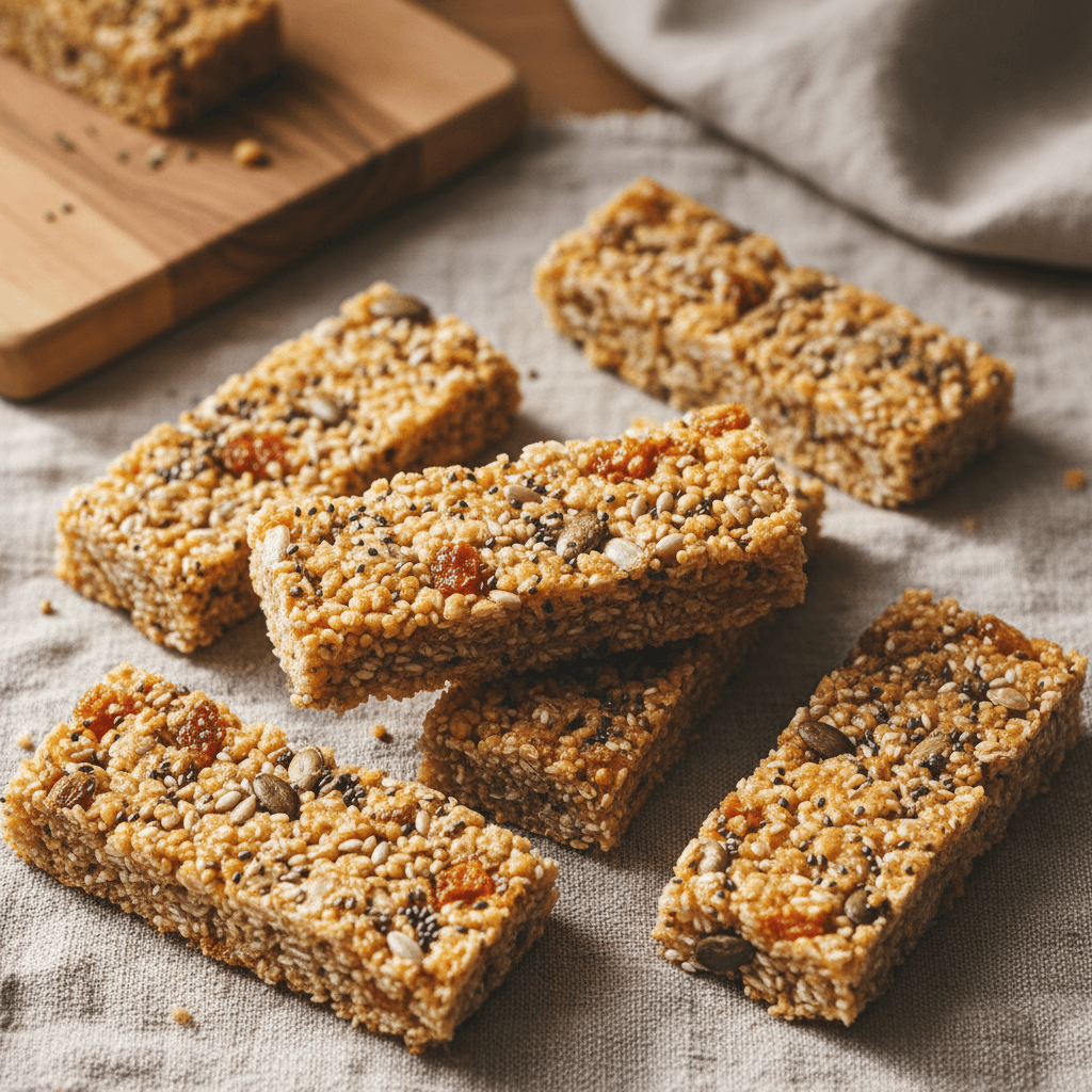 Close-up of golden millet snack bars arranged on natural linen cloth, showing textured surface and visible wholesome ingredients