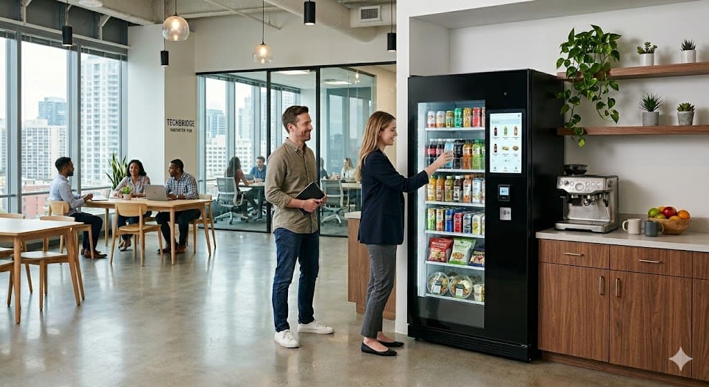 A woman selects a beverage from a smart vending machine in a modern office breakroom.